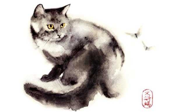 Download Watercolor Zen Art, Cat &amp; Butterfly - Color Collection