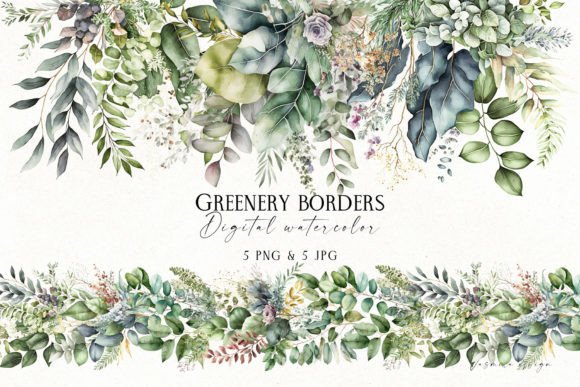 Download Watercolor Greenery Borders - Color Collection