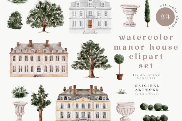 Download Watercolor Manor House Digital Clipart - Color Collection